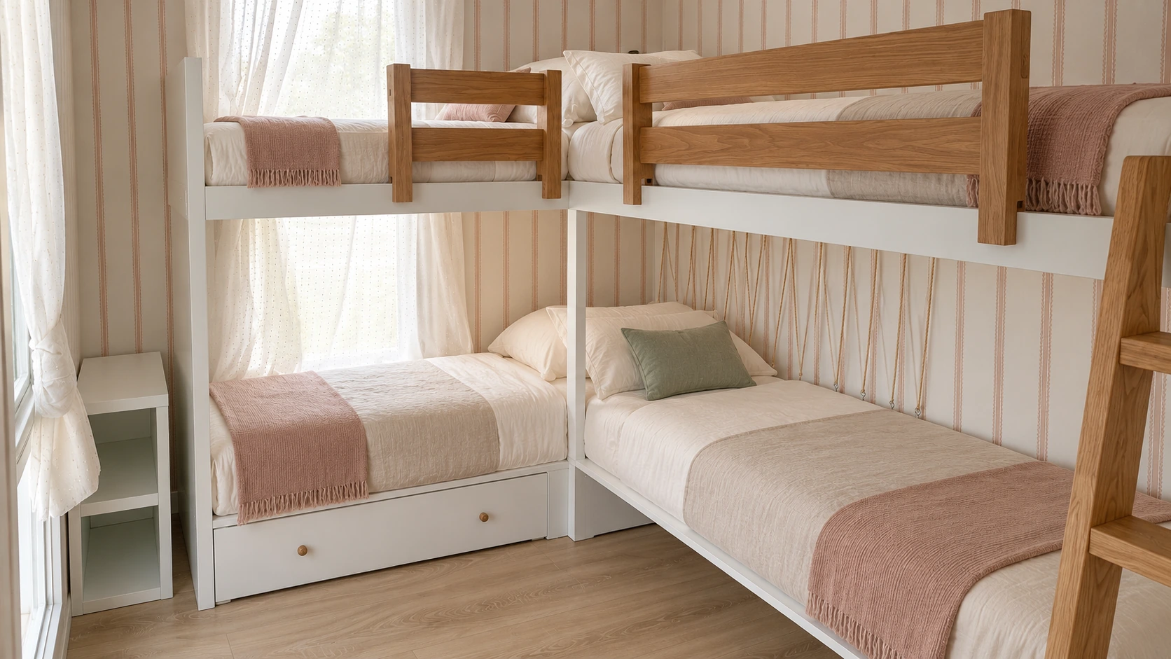Dormitorio de Chipiona con camas hechas, almacenaje y textiles
