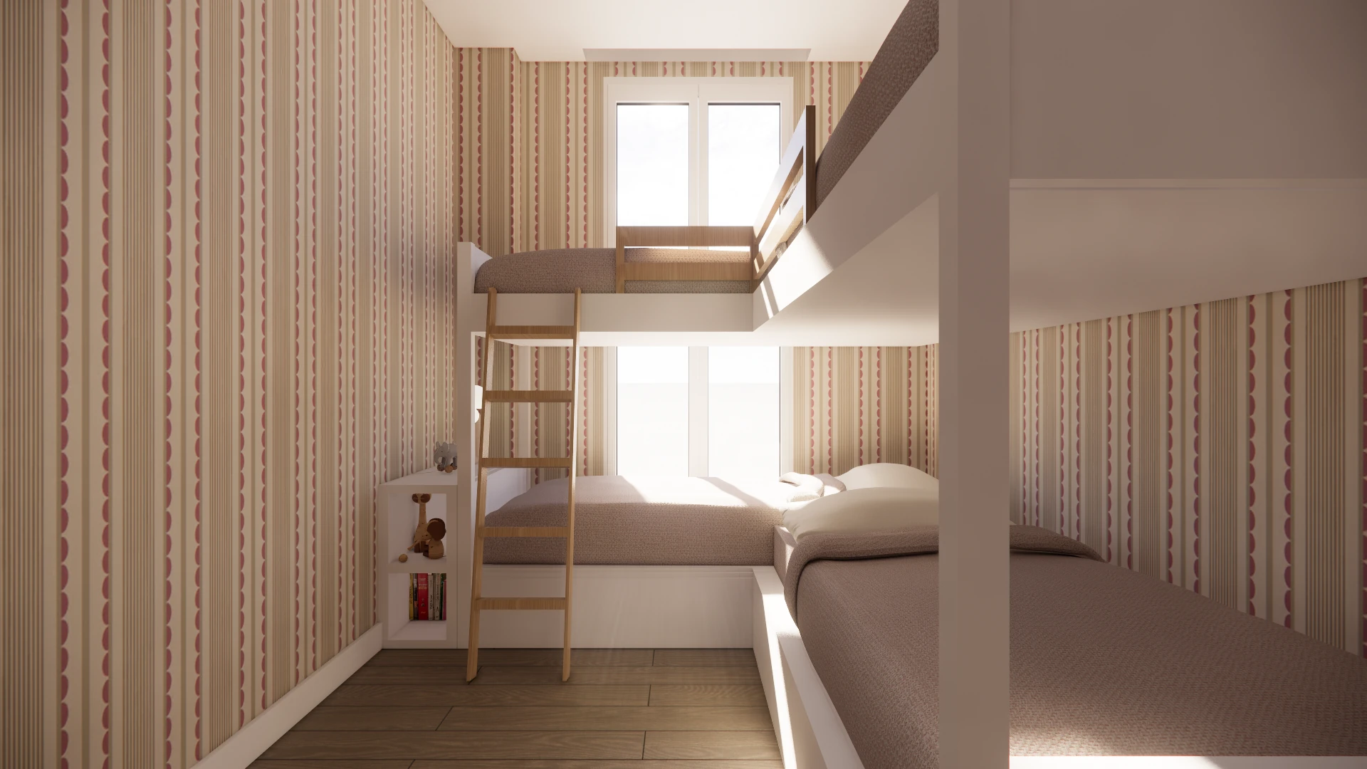 Render de detalle de las camas, librería de apoyo y carpintería blanca del dormitorio