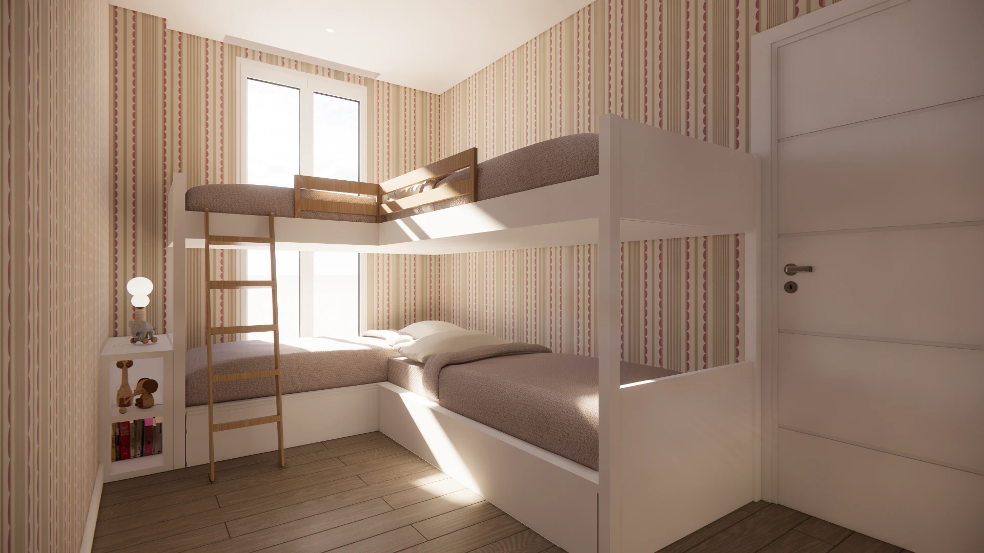 Render original con la distribución de camas en L del proyecto de Chipiona