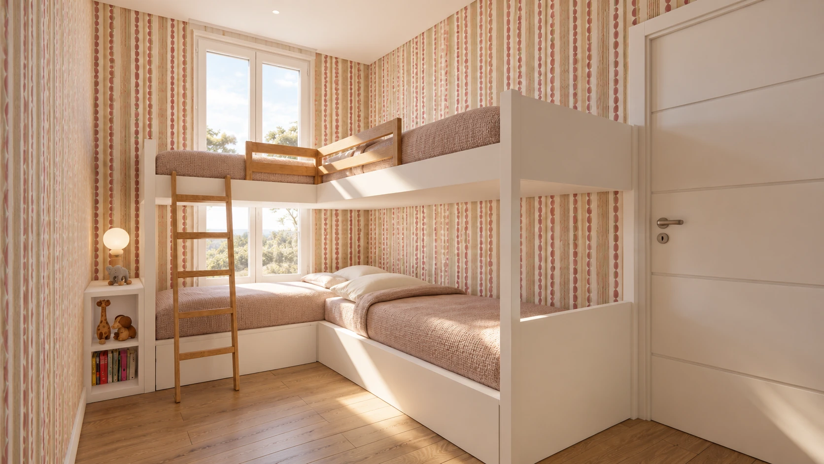 Visualización del dormitorio juvenil de Chipiona, con camas en L y papel pintado de rayas