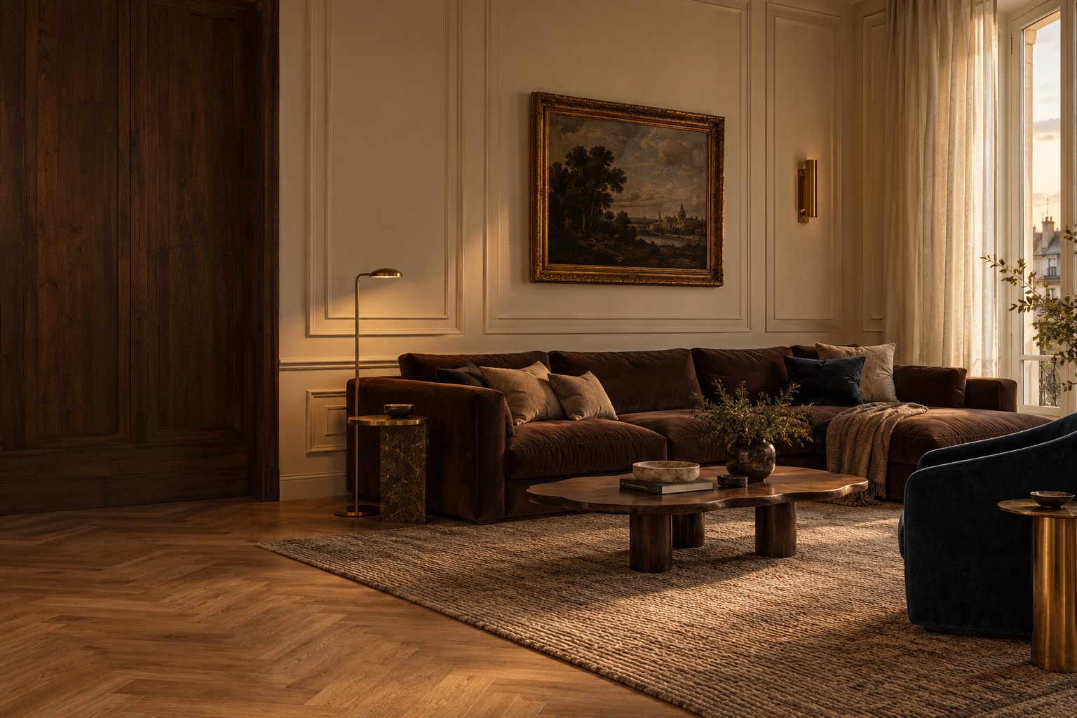 Concepto de salón clásico contemporáneo: nogal, sofá chocolate, lino y un acento azul noche