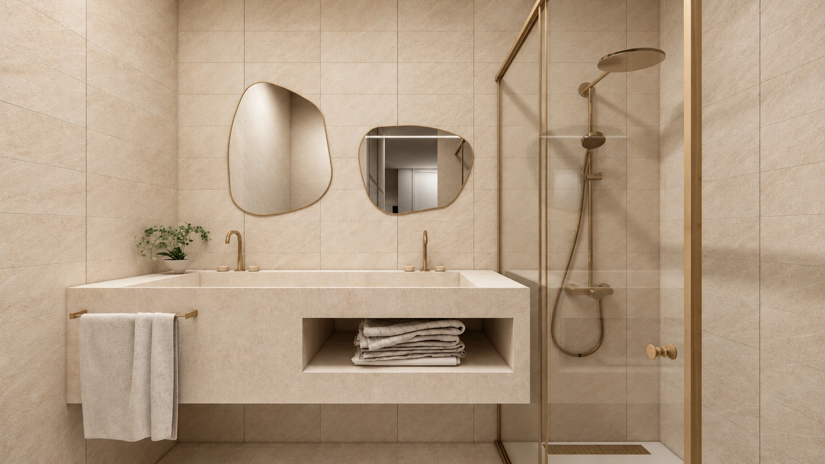 Visualización del baño en tonos piedra, con lavabo doble integrado, espejos orgánicos y mampara de vidrio