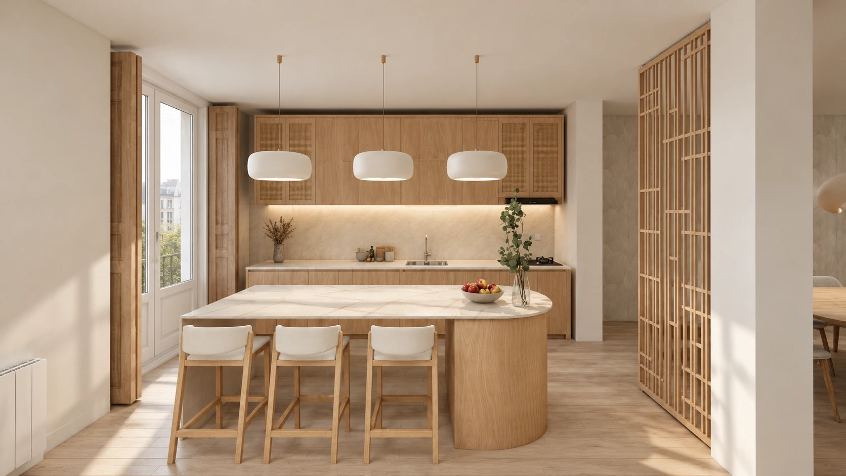 Visualización de la cocina abierta de Recoletos, con isla y celosías de madera