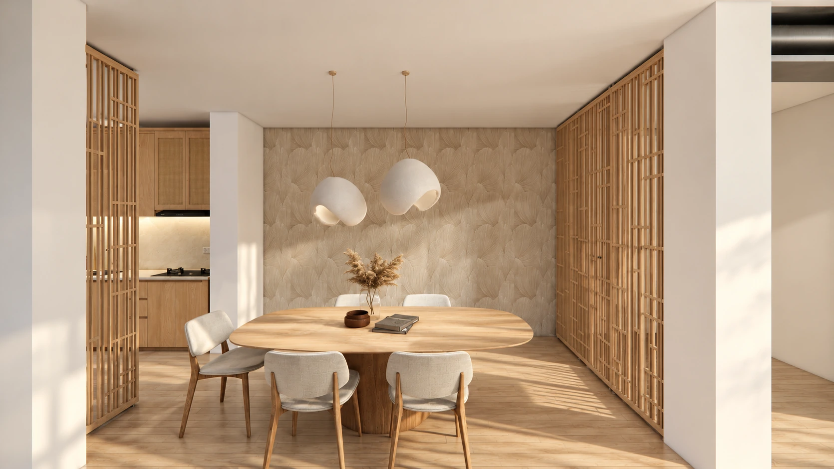 Visualización del comedor de Recoletos, con mesa ovalada y celosías de madera