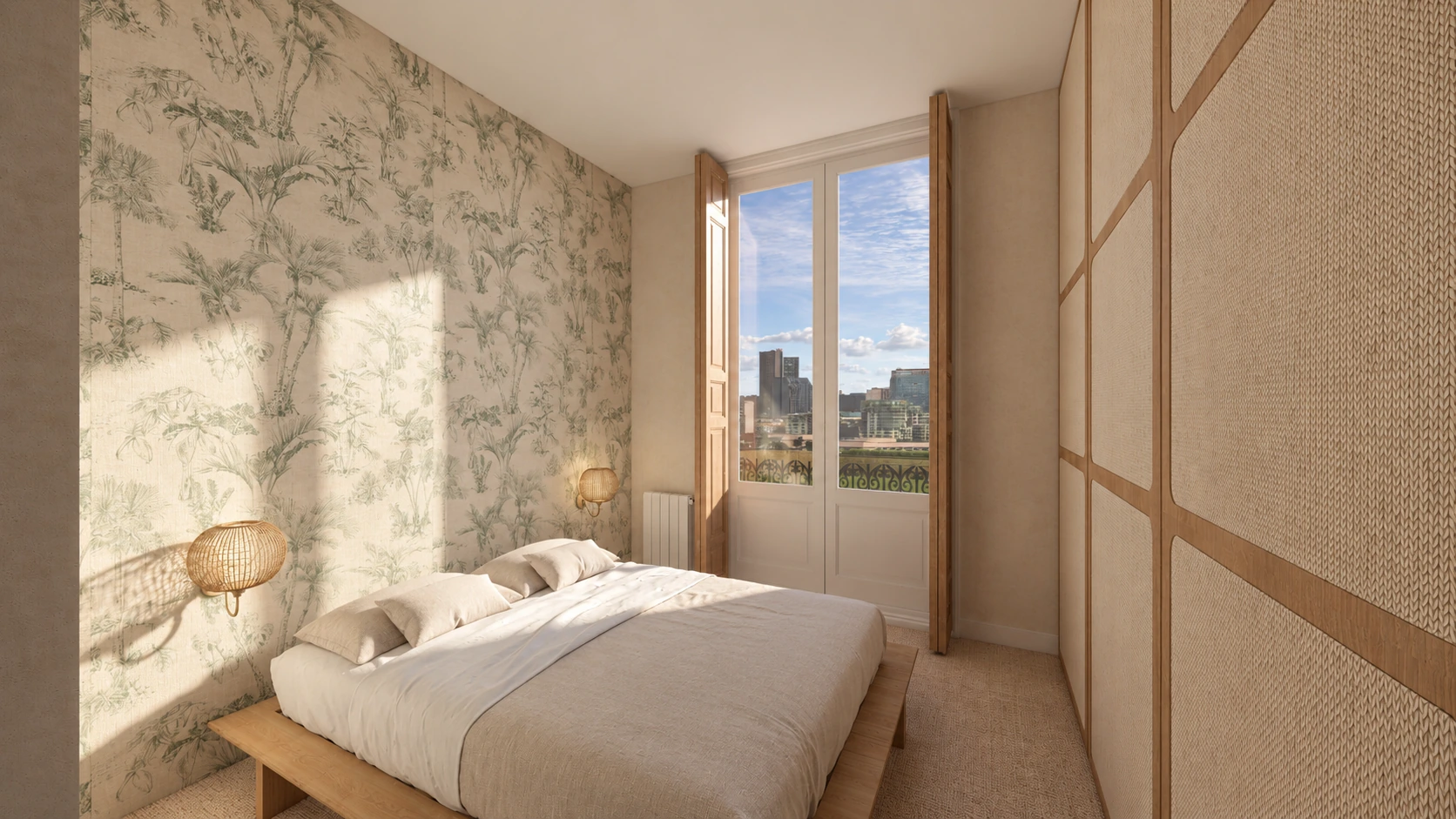 Visualización del dormitorio de Recoletos con cabecero vegetal, madera y mobiliario a medida