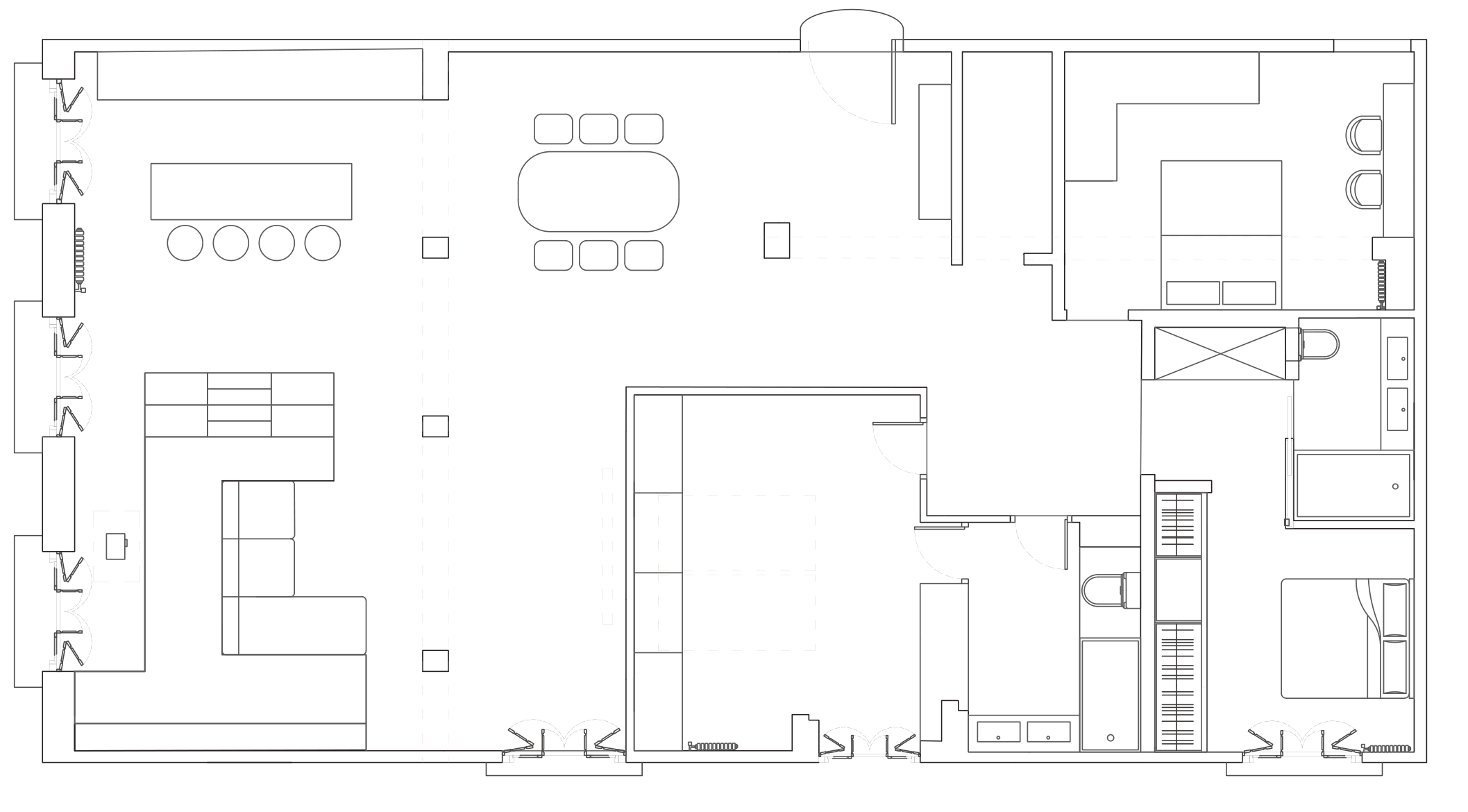 Planta propuesta con cocina, salón y comedor conectados y zona de descanso independiente