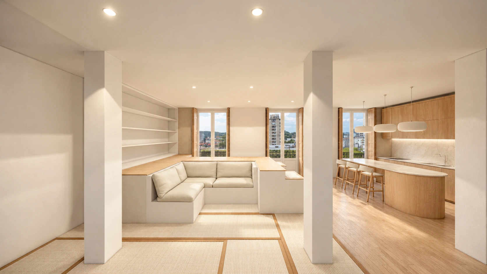 Visualización de Casa Recoletos, con un salón bajo de madera abierto a la cocina
