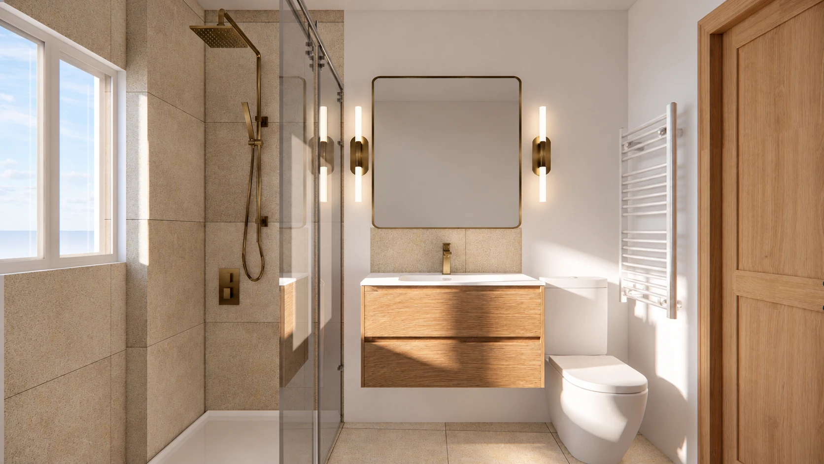 Visualización de la propuesta inicial de baño con acabados de diseño
