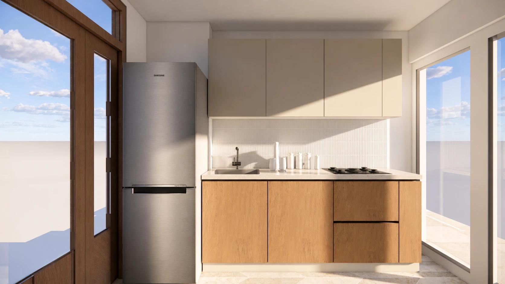 Visualización de la propuesta inicial de cocina, distinta del resultado construido