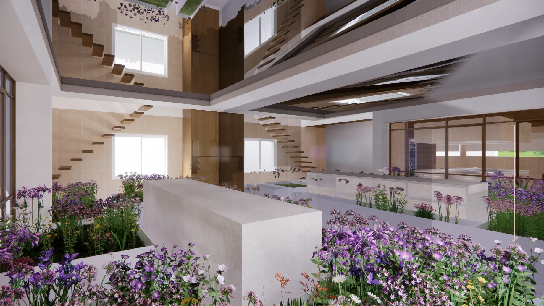 Jardín productivo interior con flores culinarias y mesas de emplatado bajo un techo de vidrio