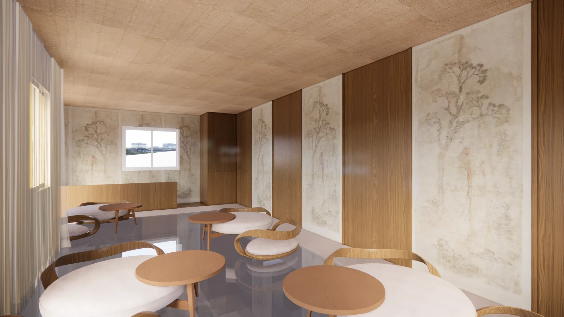 Comedor del restaurante con asientos bajos, mesas de madera y suelo de vidrio