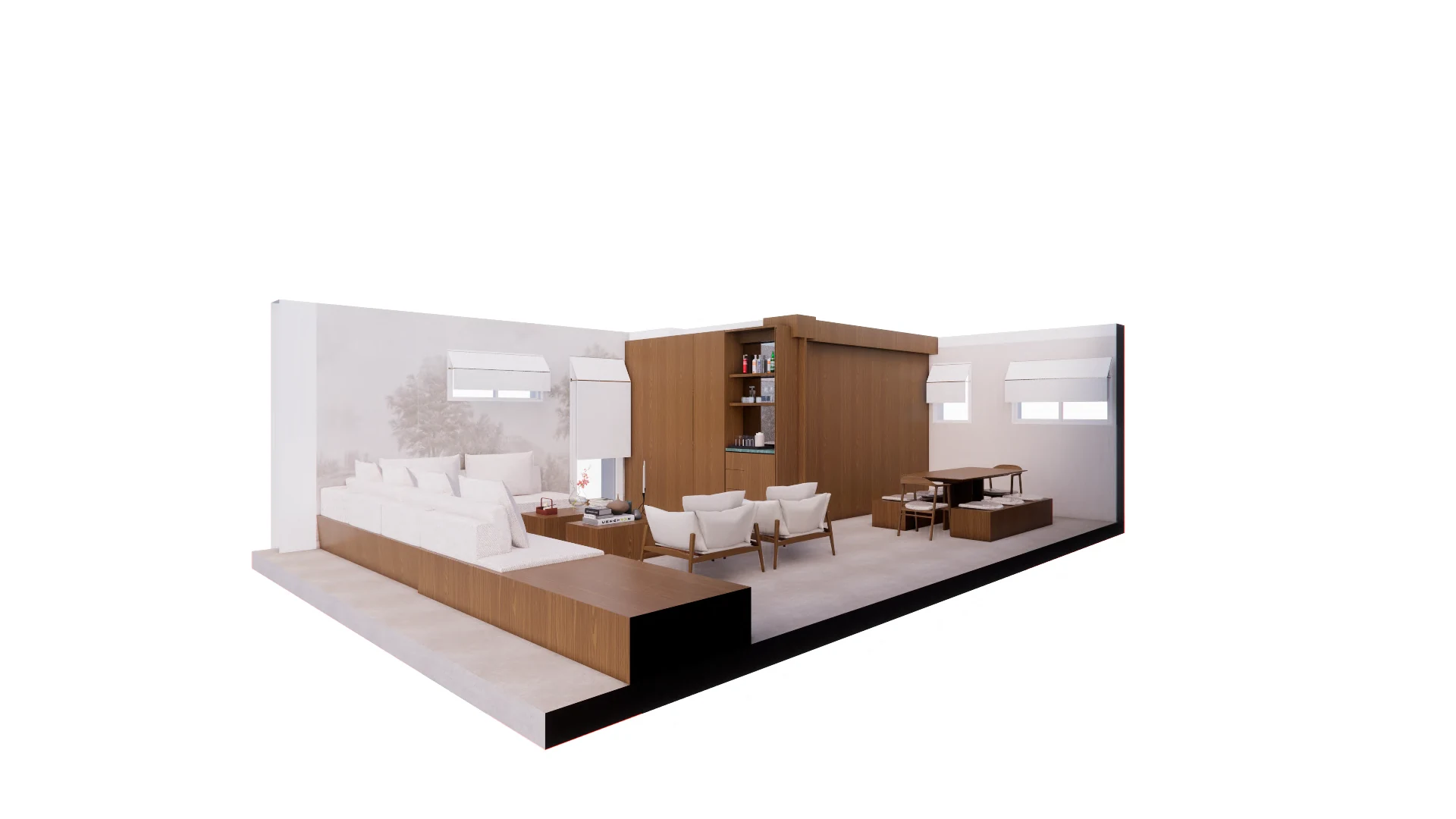 Axonometría del salón, comedor y mueble de nogal con paneles correderos abiertos