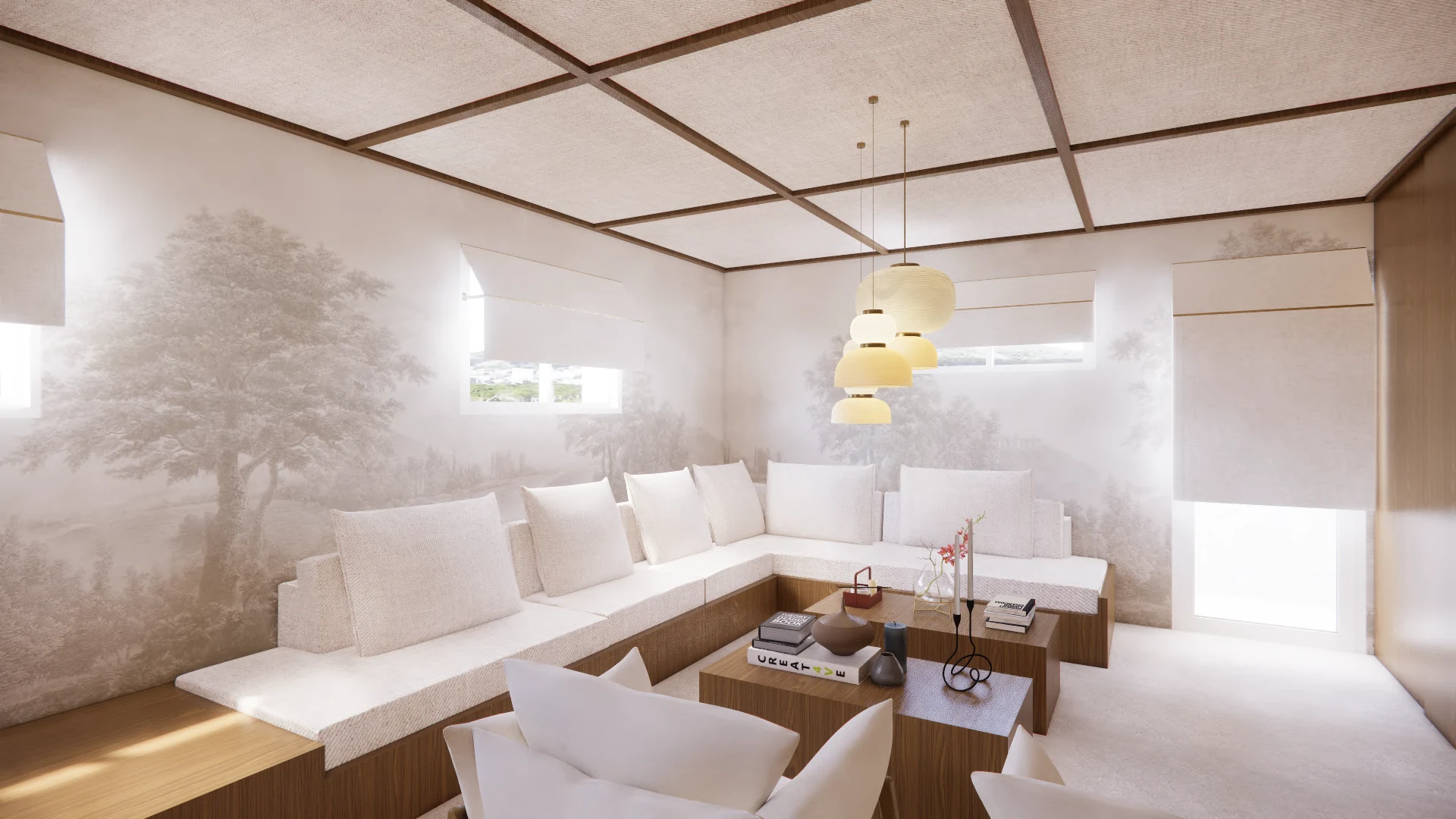 Render original del salón del proyecto