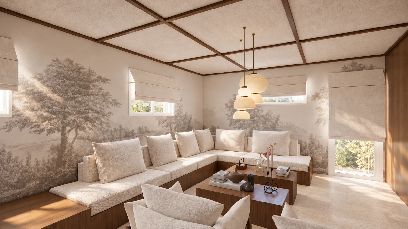 Visualización del salón de Vivienda y ritual, con nogal, lino y un mural vegetal