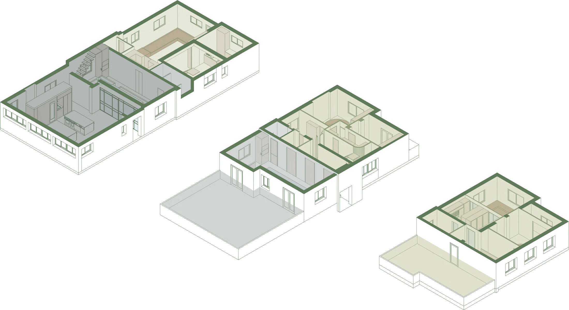 Axonometrías de las tres plantas con la organización de vivienda y restaurante